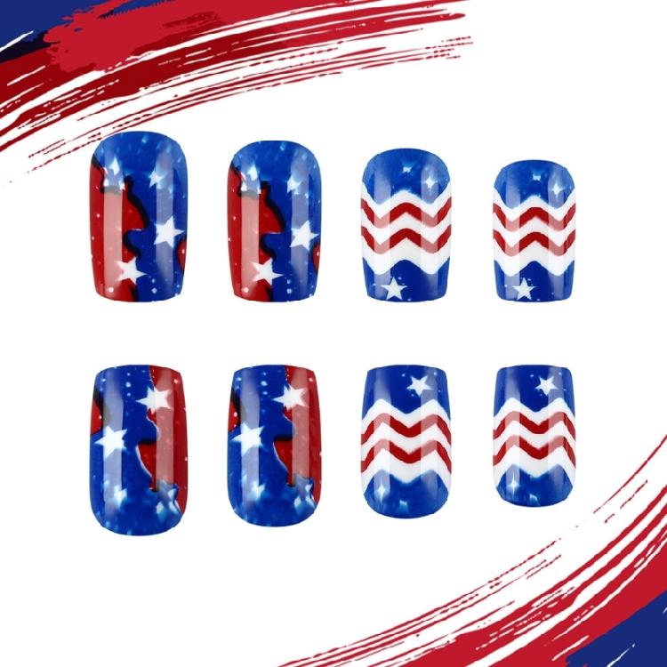 Independence Day French Tip Press on Nail Short Square Fake Nail Glues on Nail Artificial False Nail for Nail Decors
