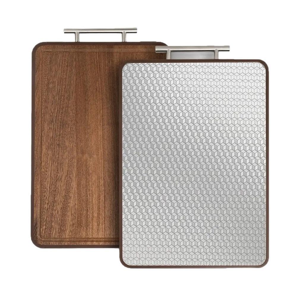 Double-sided Solid Wood Cutting Board Non Slip Wooden Stainless Steel Cutting Board Antibacterial Vegetable Cutting Board