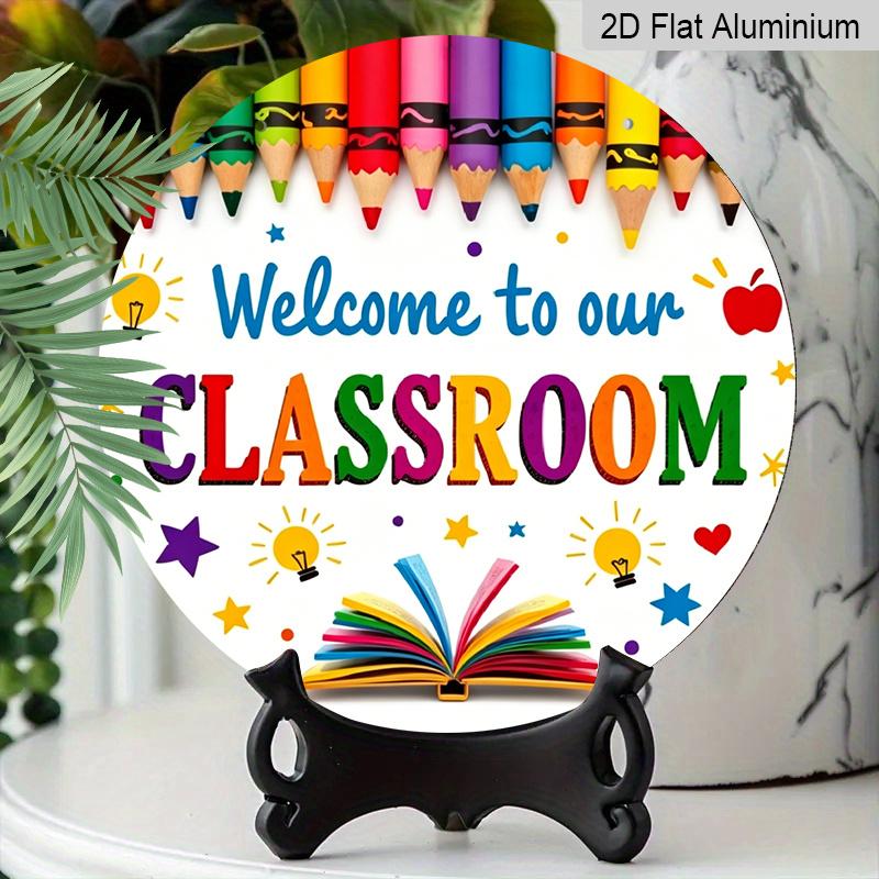 2D Plat Hangend Ornament, 1 stuks Yanlin Welkom op Onze Klaslokaaldeur - Kleurrijke Kleurpotlood En Schooldecoratie, Met Letters, Sterren En Licht