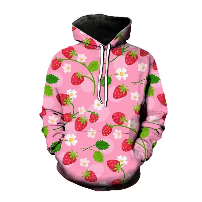 Dámska mikina s 3D potlačou jahody Roztomilý ovocný vzor Voľný ležérny top s dlhým rukávom Módna pohodlná unisex mikina
