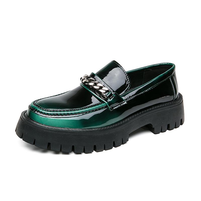 2024 Men's Shiny Patent Leather Loafers with Thick Sole and Height-Boosting Chunky Heel