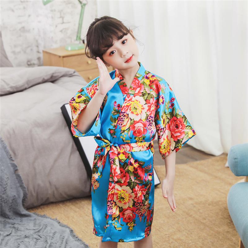 Kids Peony Kimono Robe Comfortable Elegant Satin Nightgown Bathrobe Baby Runway Performance Dress For Girls Children Daily Wear