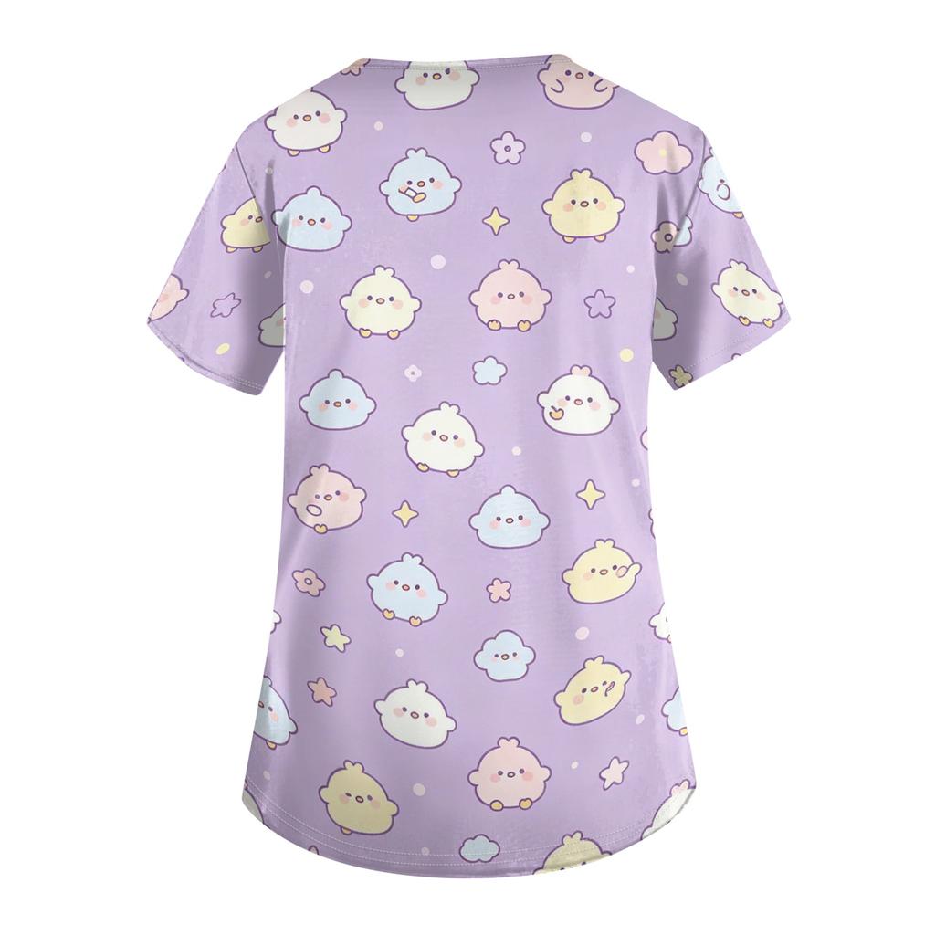 Women's V Neck Short Sleeve Work Top with Pockets Cute Animal Print Medical Scrub Shirt for Healthcare Professionals Nursing Uniform