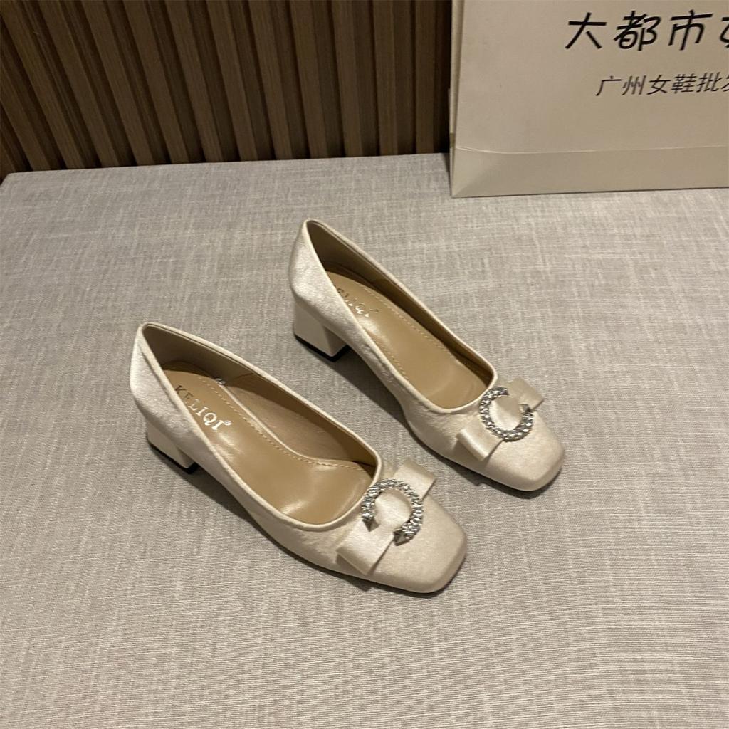 French Elegant Style Square Head Rhinestone Buckle Bow Single Shoes Women's 2025 New Silk and Satin Versatile Commuter High Heels
