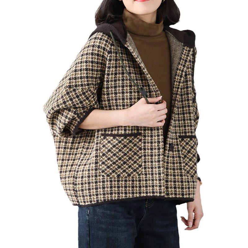 Retro Thousand Birds Plaid Jacket Women's Large Size Loose Literary Versatile Skinny Thousand Soft Velvet Temperament Hooded Long Sleeves