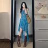 Retro Floral Spaghetti Strap A-Line Dress - Women's Summer Irregular Slimming Waist-Cinching Skirt