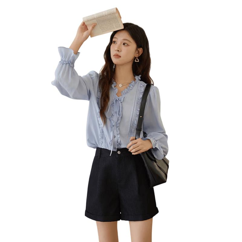 Women s French Tencel Ruffle Tie-Neck Blouse M