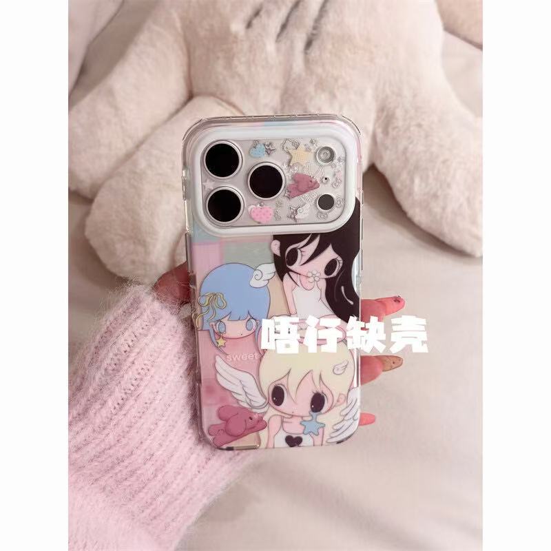Cute colored hair Angel Ne has a double shell on autumn, suitable for Apple 17promax/16/15 anti-drop mobile phone case.