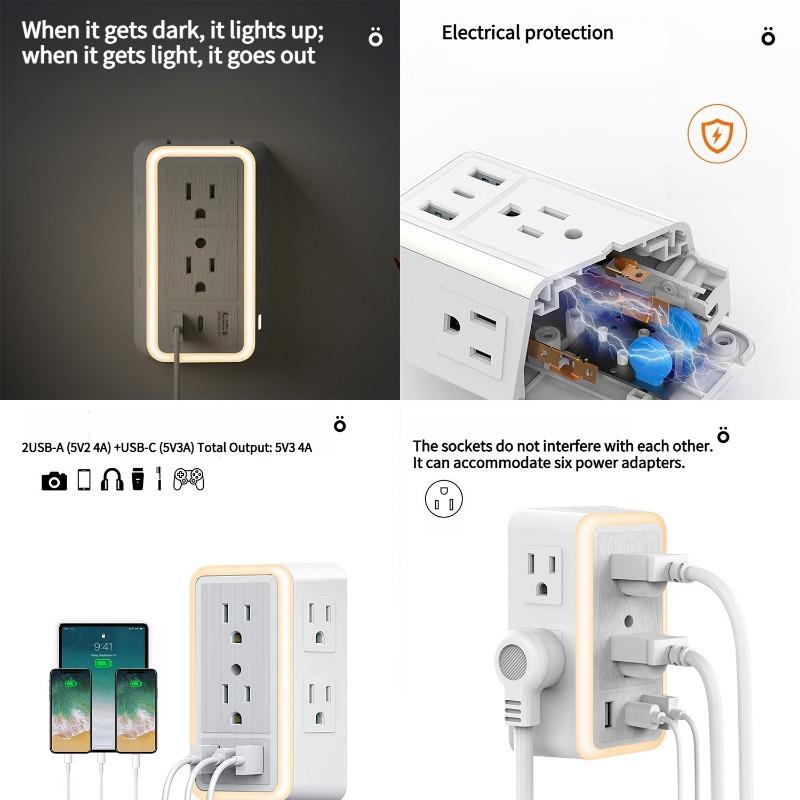 1PC new surge socket US standard USB power strip light sensing night light 6 hole expander 2.4A household US standard wall plug socket