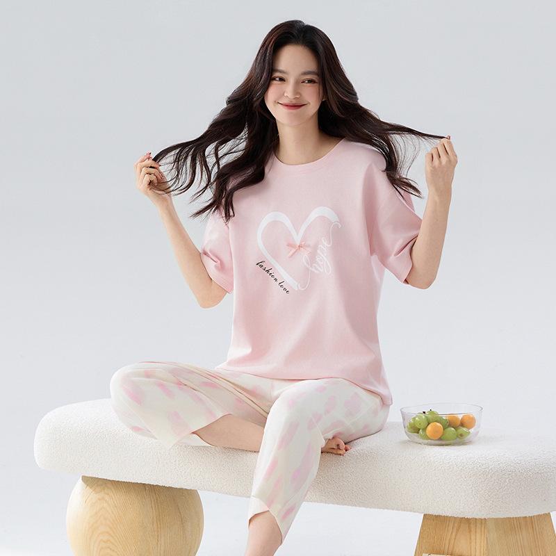 

Женский летний пижамный комплект из чистого хлопка - Топ с коротким рукавом и брюки 7/8, Свободная повседневная домашняя одежда для носки в помещении/на улице L (50-60 kg)