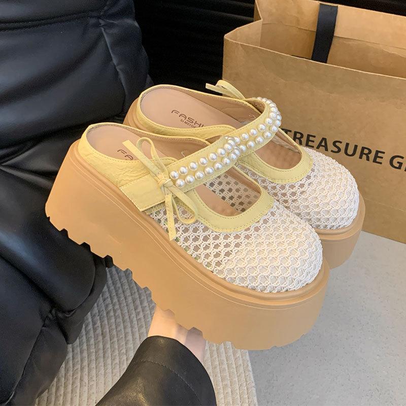 

JX толстая подошва увеличение внутренней высоты 8 см маленькие крутые тапочки женские летние новые сетчатая сумка голова полушлепки 40 жёлтый