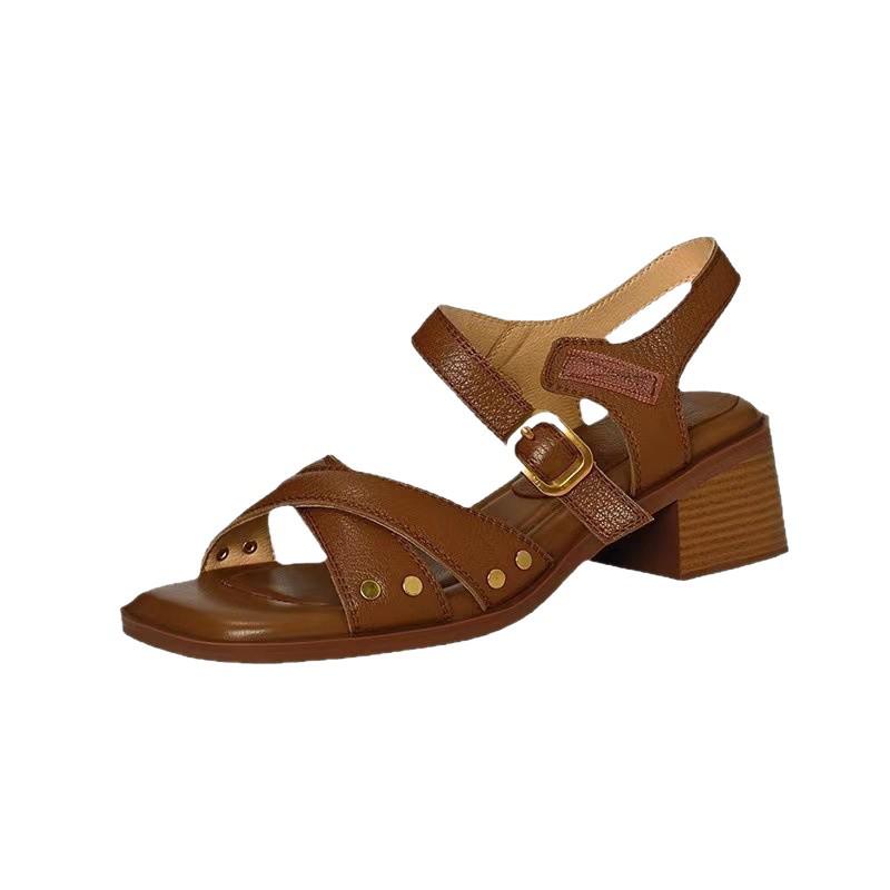 2024 Summer French Mid-Heel Open-Toe Cross-Strap Backless Women's Sandals - Chunky Heel, Ready Stock