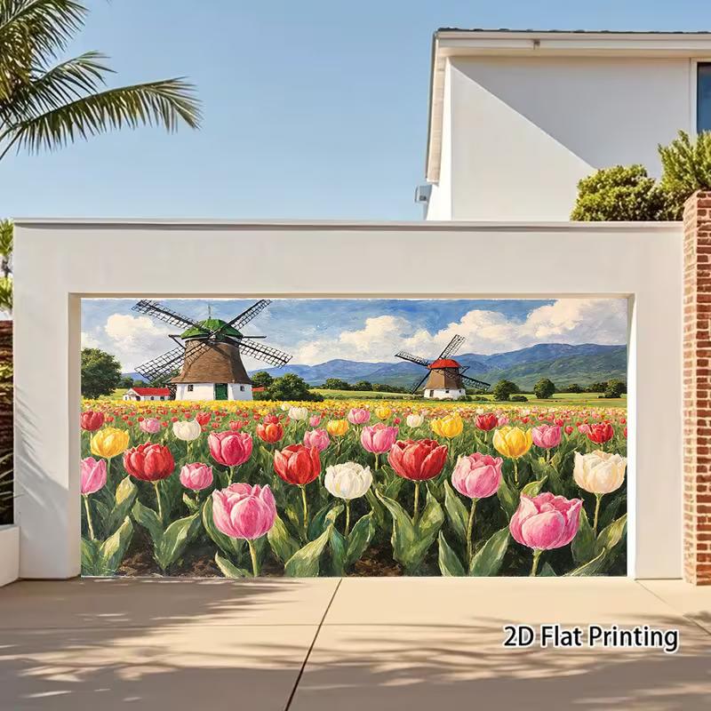 2D Spring Holland Landscape Backdrop Featuring Vibrant Tulip Fields and Traditional Windmills