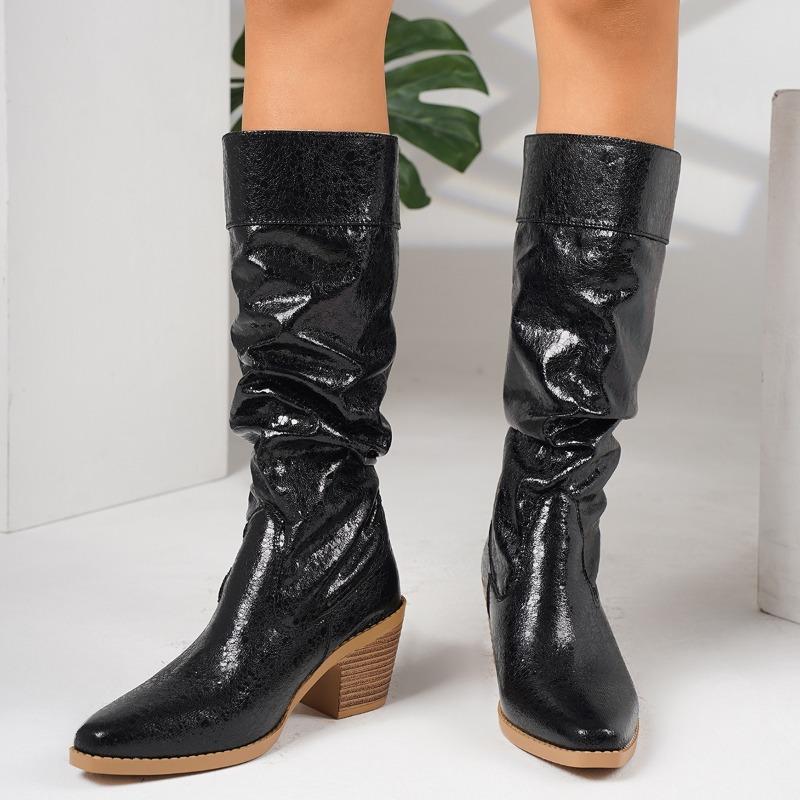 

High Stack Boots Autumn New Pointed Toe Sleeve Pleated Waterproof Non-Slip Block Heel Boots 43 чорний