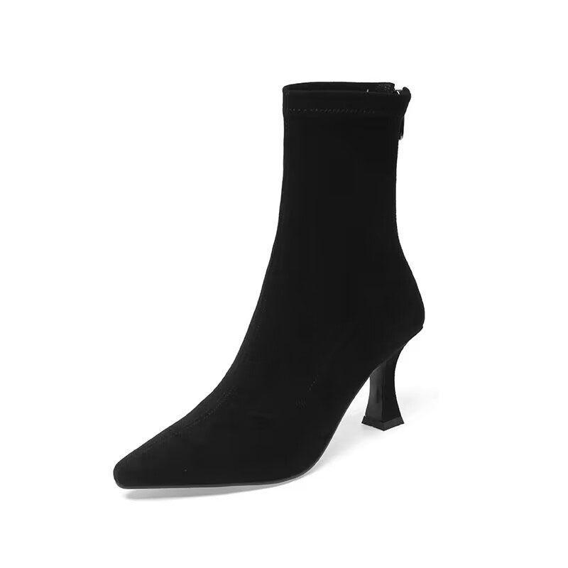 Braune kurze Stiefel Damen hochhackig dünn Absatz Wildleder spitz Reißverschluss hinten 2025 neu Winter Koreanische Version elastische dünne Stiefel