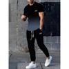 Herren-Sportoutfit, gestreiftes Kurzarm-T-Shirt und passende lange Hose, leicht dehnbarer Strickstoff mit Digitaldruck