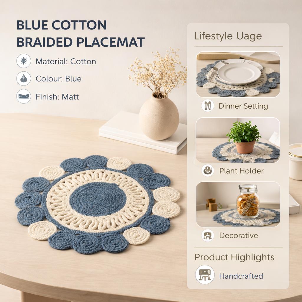 Blue Cotton Braided Placemat -Handcrafted Durable Table Mat for Dining