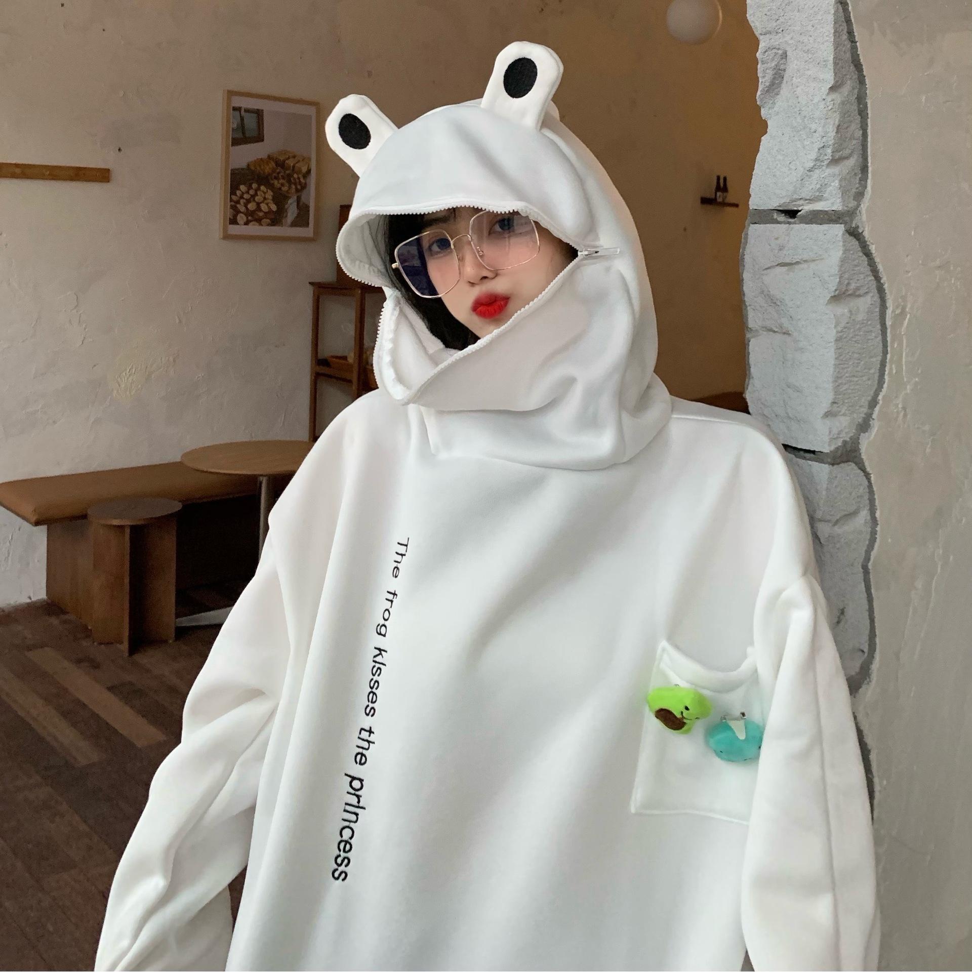

Осенне-зимние пары модный свитер с капюшоном в виде лягушки из утолщенного бархата XXXL белый