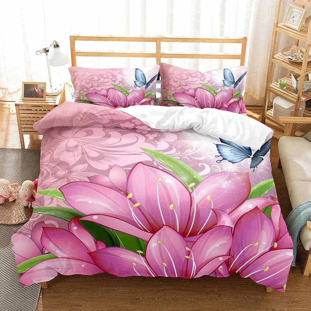 Butterfly And Flower Duvet Cover Girls Botanical Floral Bedding Set Microfiber Garden Flower Print Quilt Cover Twin King Size