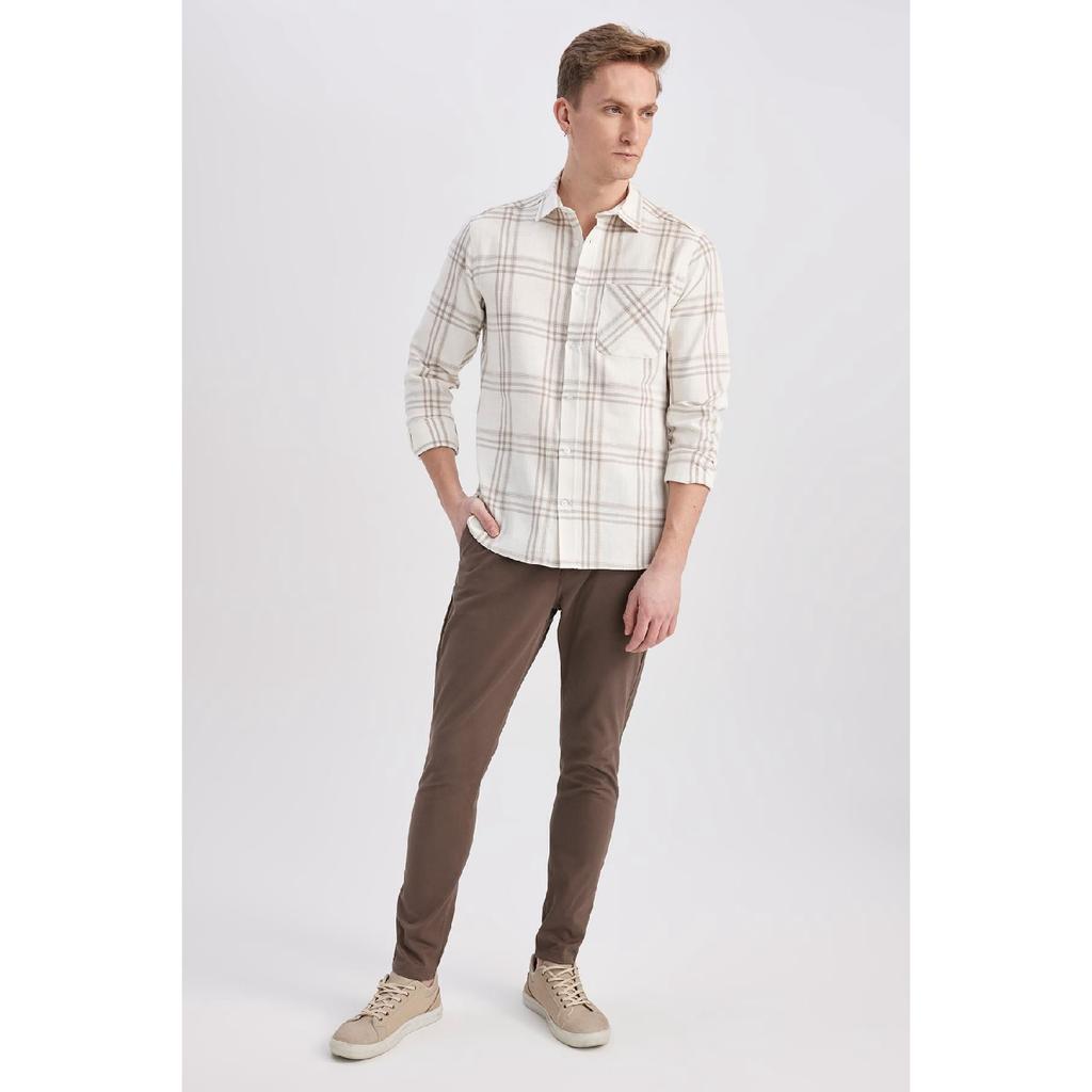 Modern Fit Polo Neck Long Sleeve Checked 100% Cotton Shirt