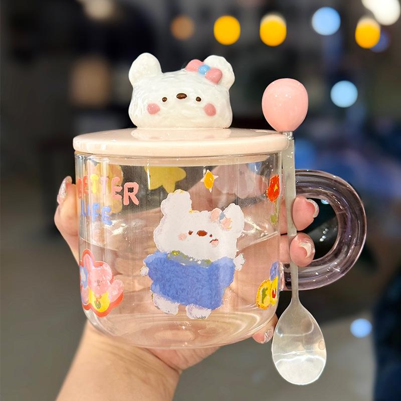 Cute Cartoon Animal High Borosilicate Glass Cup with Lid High Appearance Level  Qixi Festival Couple Water Cup Mug  Heat Resistant