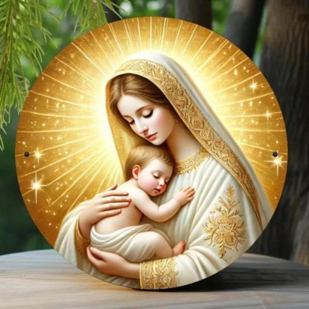 Virgin Mary Round Metal Wall Art Religious Home Decor With Golden Halo