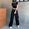 Y2K High Street Denim Cargo Pants Women Gray Big Pocket Slim Female Straight Pants High Waist Vintage Casual Lady Baggy Trousers