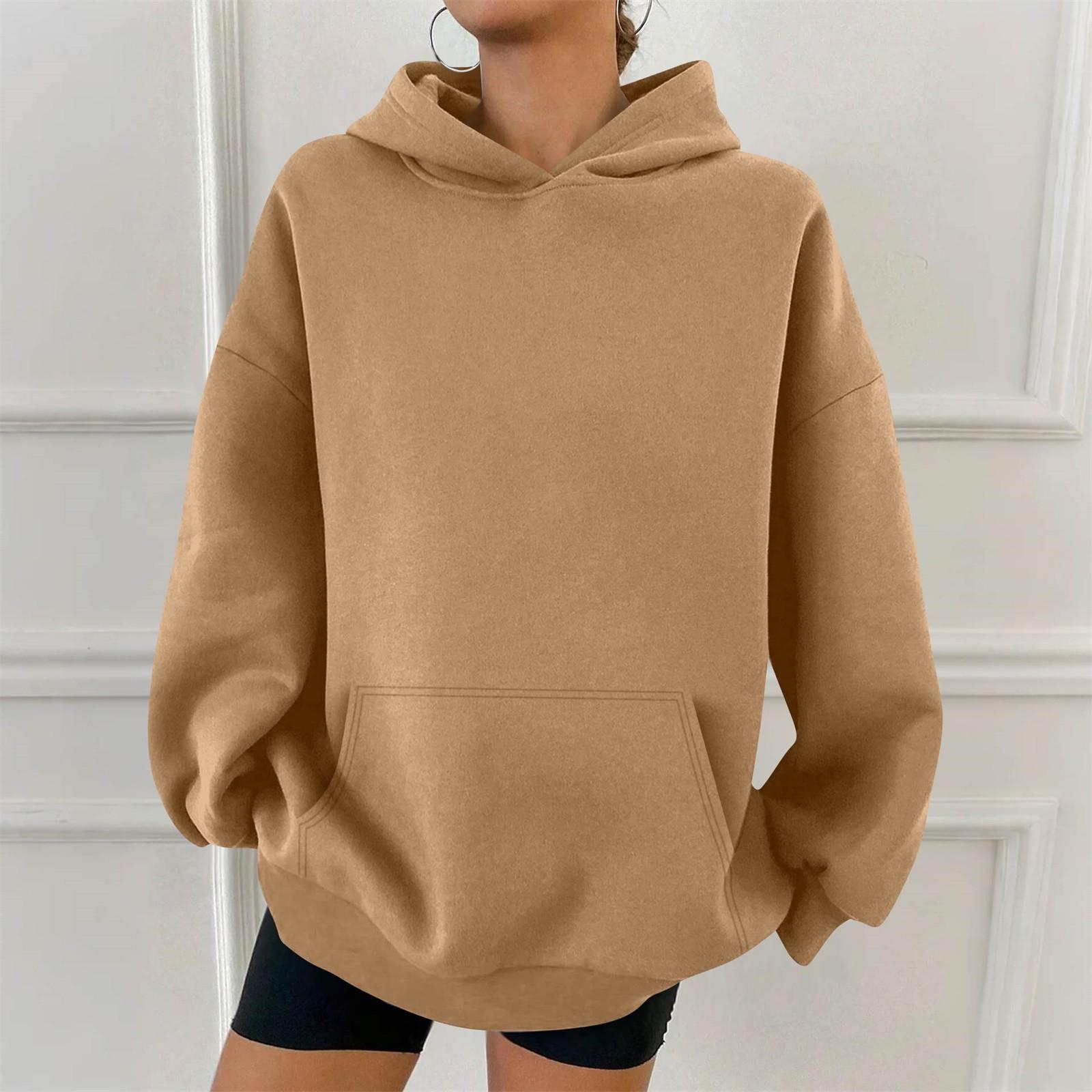 

Женская модная повседневная толстовка с капюшоном, однотонная, с карманом, с длинным рукавом L верблюд