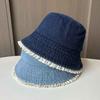 Cute Playful Sunshade Bucket Hat Lace Edge Denim Sunscreen Basin Hat Girls College Style Spring and Summer Face Small Hat