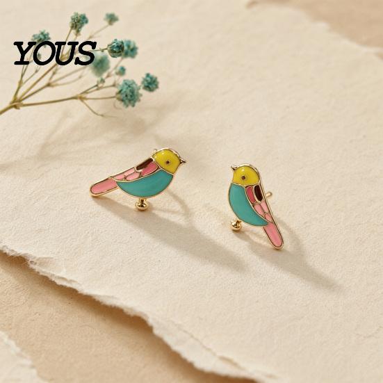 Colorful Bird Earrings 1 Pair Stud for Women, Outline Enamel Earrings, Polished Edges Glaze Finish Alloy Ear Pins Daily Wear Edge