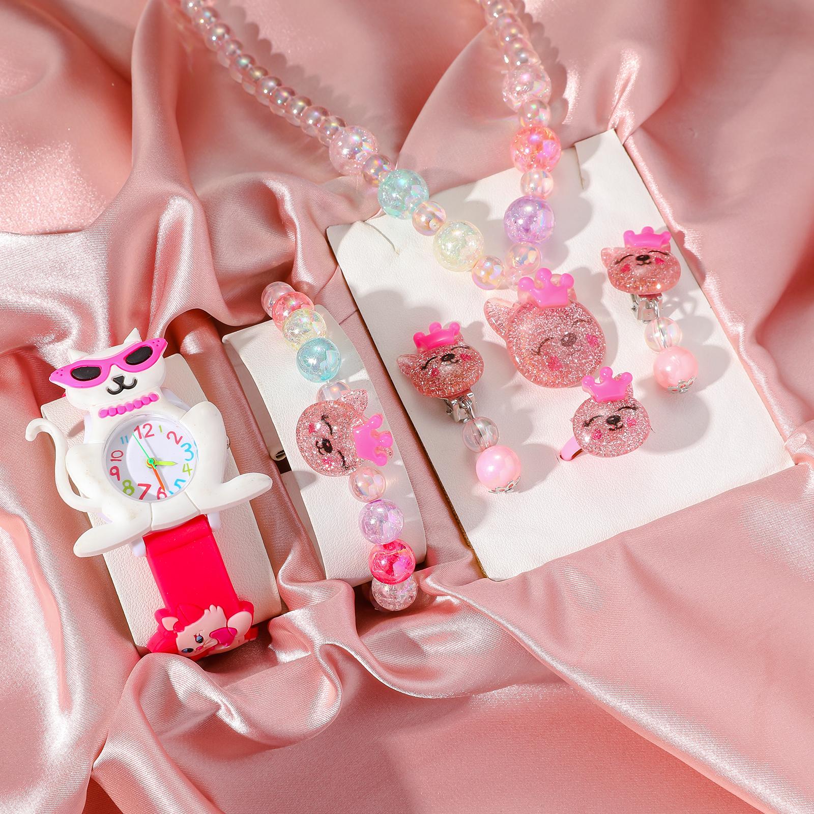 

Модные простые солнцезащитные очки; Кварцевые часы с силиконовым ремешком и набор из 5 предметов с красочным ожерельем из бусин разноцветный