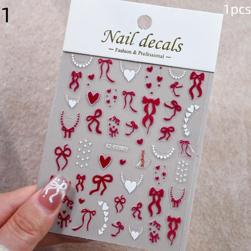 Aurora Francuska Wstążka Serce Naklejki na Paznokcie Perłowy Łańcuszek Miłość Klejące Naklejki na Paznokcie Walentynkowe Kokardki Naklejka do Manicure