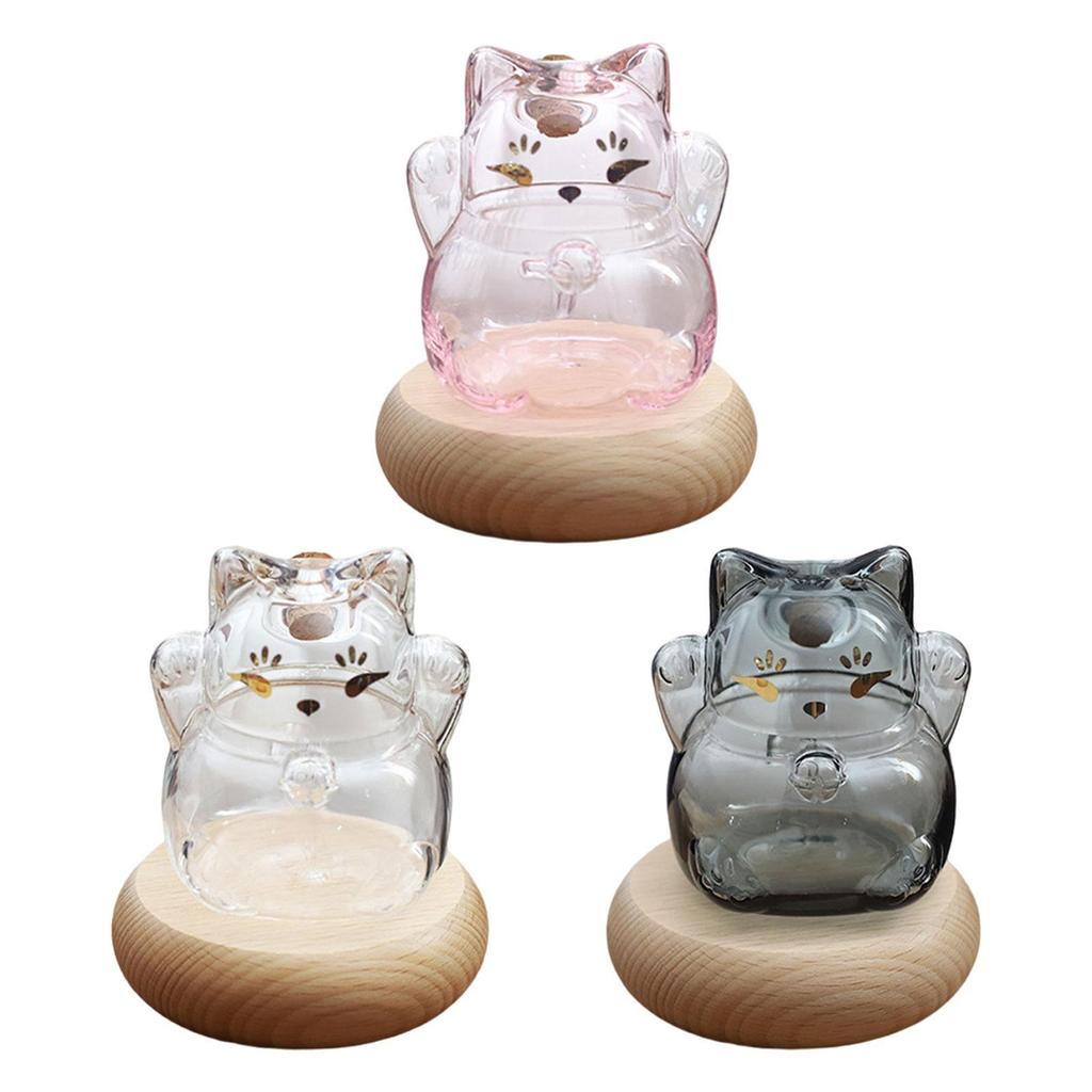Glass Piggy Bank with Wooden Base Kitten Shaped Money Bank Money Saving Jar for