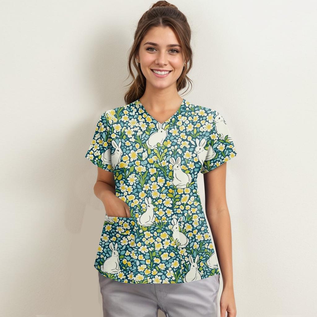 Women's Fashion V-neck Short Sleeve Workwear With Pockets Printed Tops