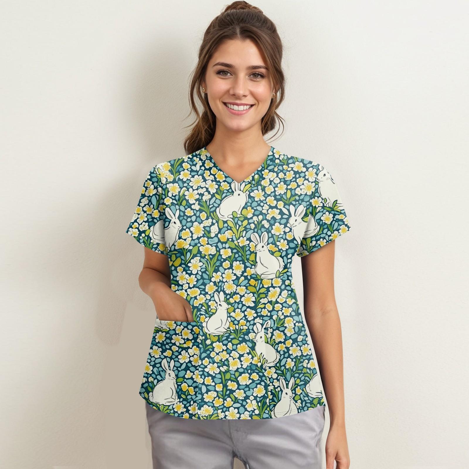 

Жіночий модний робочий одяг з V-подібним вирізом і короткими рукавами з принтованими кишенями L армія зелений колір