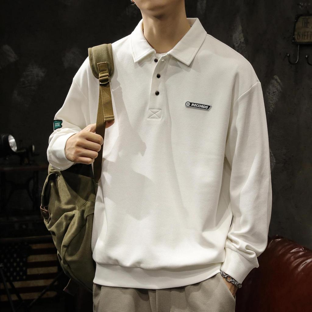 Men's White Chinese Cotton Polo Sweater: Long Sleeve, Velvet-Lined, Autumn/Winter.