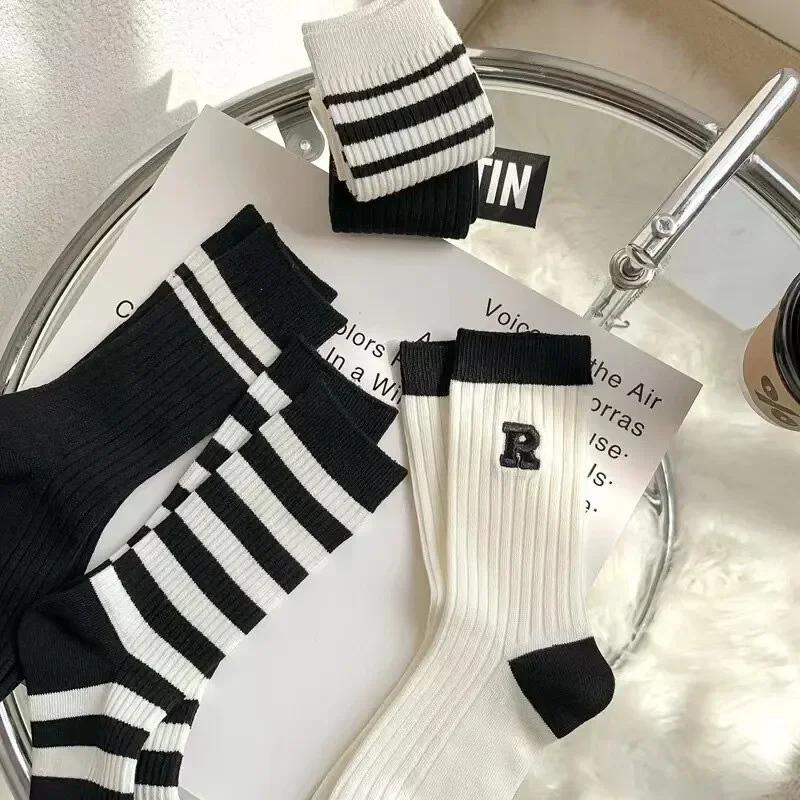 5 pairs of women's mid length stockings with a four season college style, striped sports and fashionable winter socks