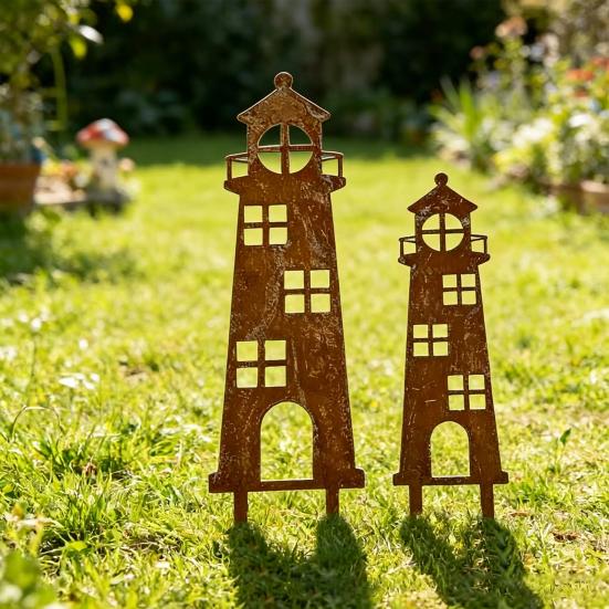 2Pcs Rusty Lighthouse Garden Stakes Metal Flat Lighthouse Yard Art Stakes Coastal Outdoor Decoration for Backyard Lawn Flower Bed