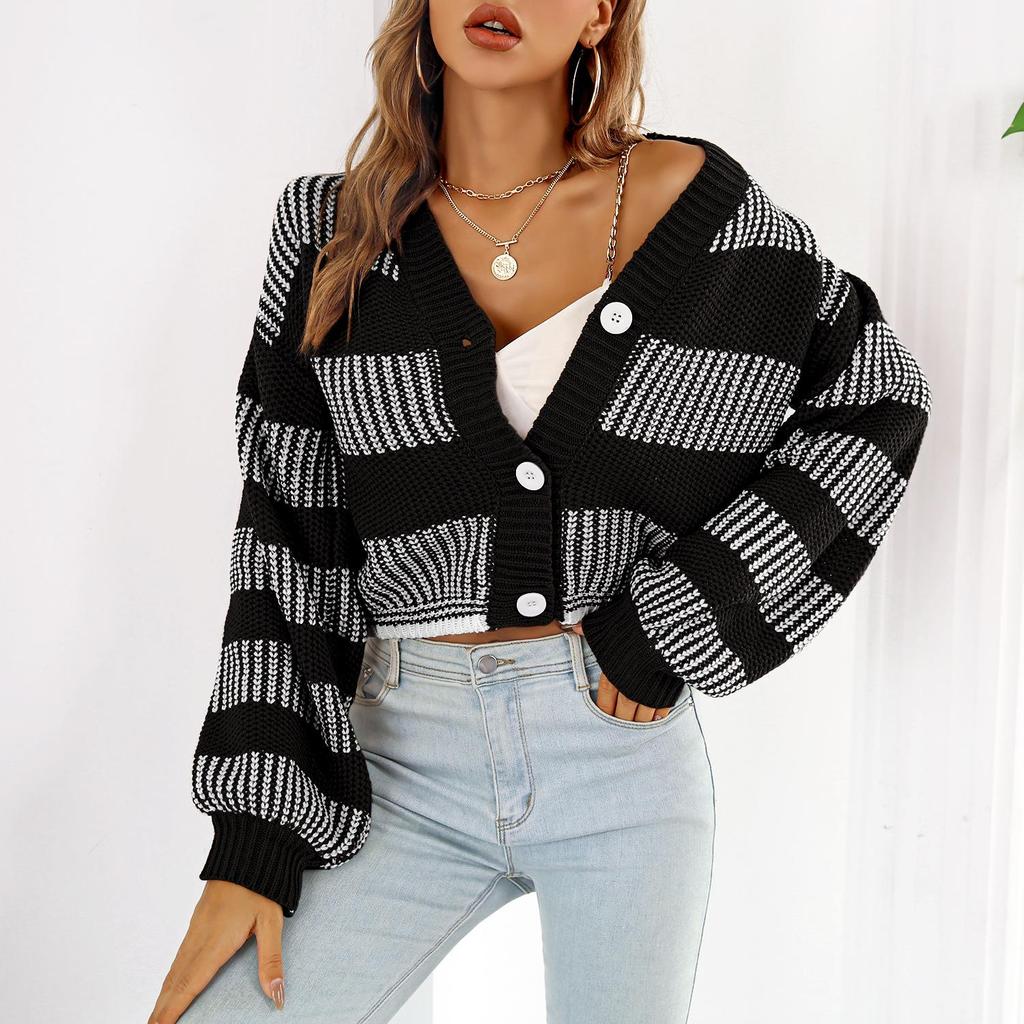 QICED Women's Fashion Casual Stripe Print Autumn Winter Long Sleeve V-Neck Loose Sweaters Coats