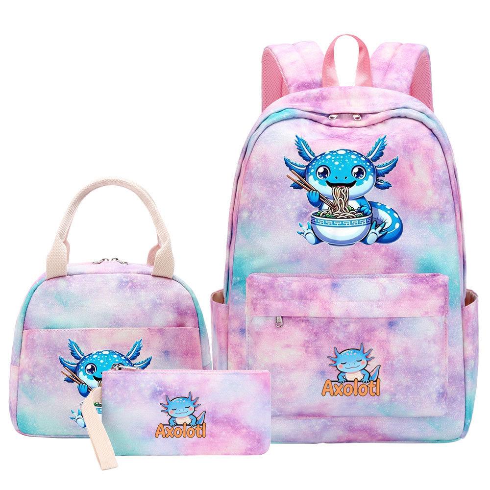 3Pcs Axolotl Backpack for Girls Teen, School Bag with Lunch Box & Pencil Case, Kids Student Daypack, Mochila Back To School Gift
