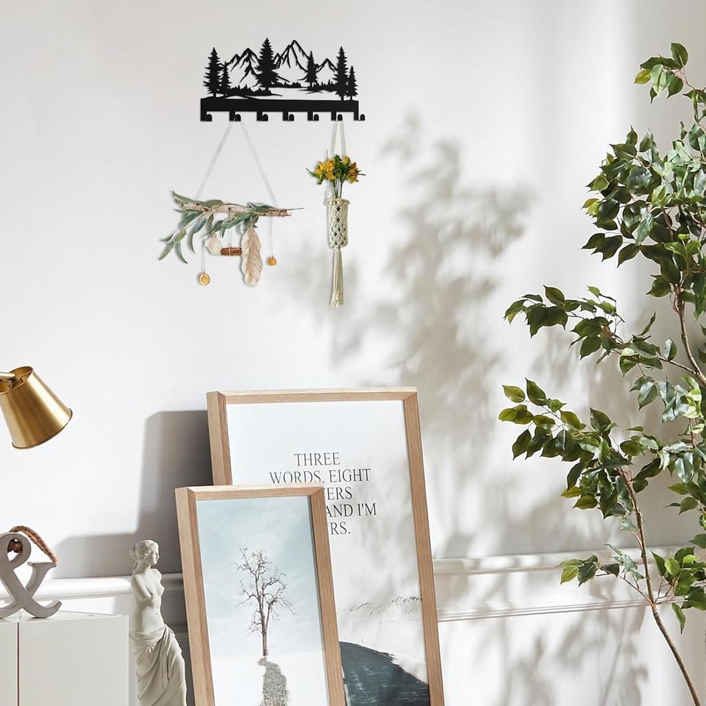 Key Holder Wall Mounted Key Hooks, Black Metal Key Rack Hooks, The Great Grove, Mountain Theme Wall Decoration Hooks, with 7 Hooks, Applicable To