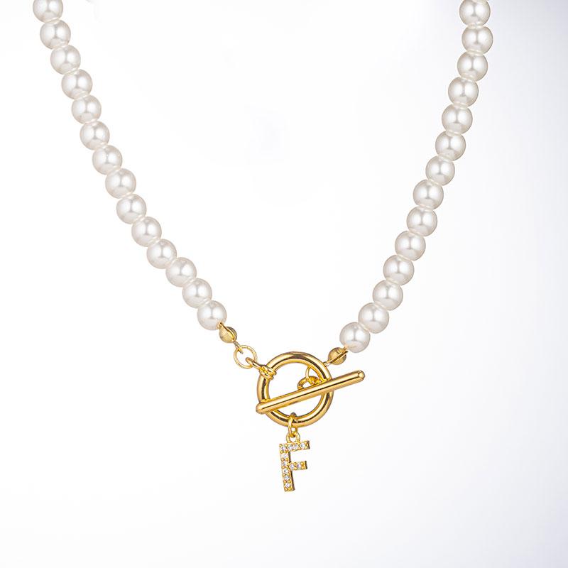 Zircon Crystal Initial A-Z Letter Pendant Necklace for Women Toggle Clasp Imitation Pearls Necklaces Wedding Jewelry Gift
