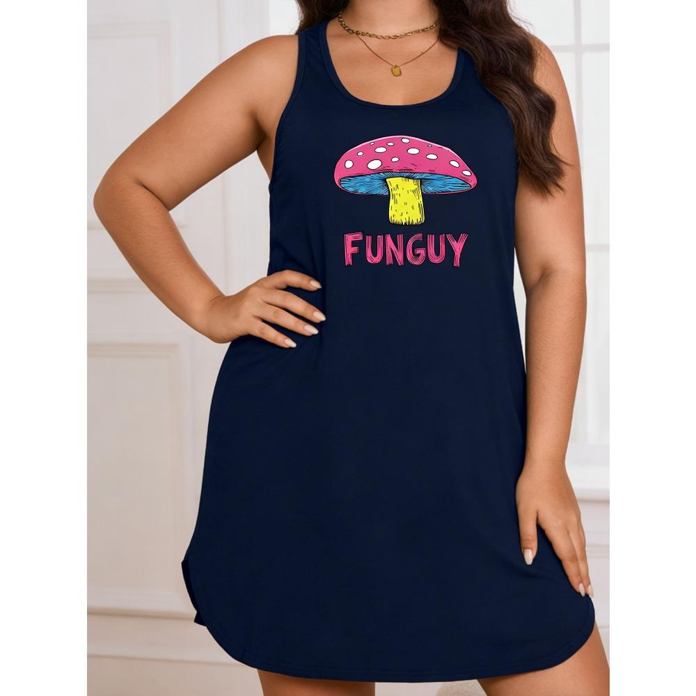 Women s plus-size cartoon mushroom letter print dress, sleeveless round-neck casual dress, women s clothing S