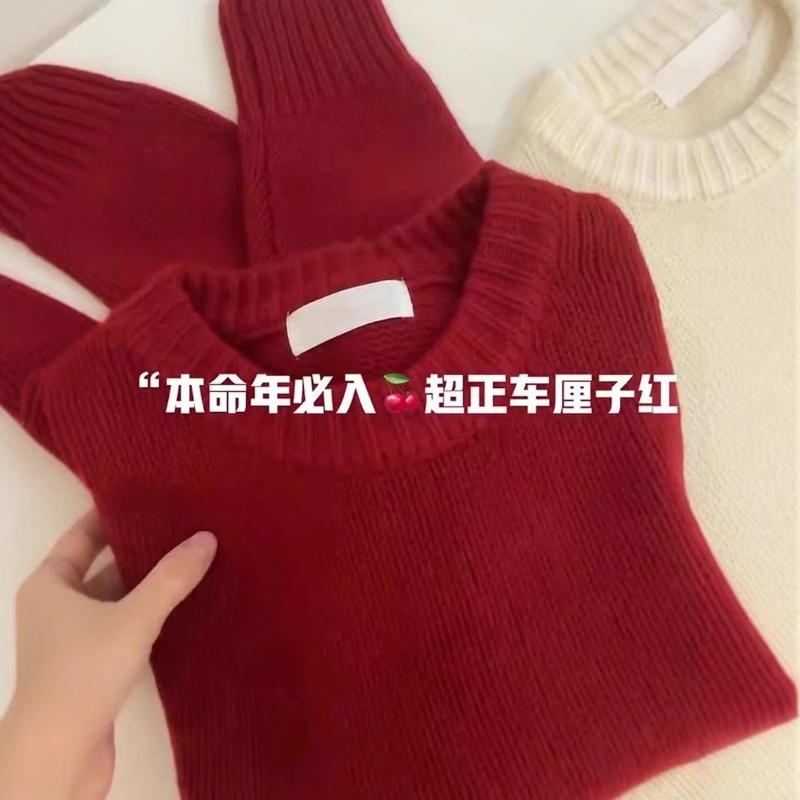 New Autumn and Winter Natal Red Soft Waxy Sweater Loose Lazy Style Cashmere Backing Thickened Knitted Sweater Pullover