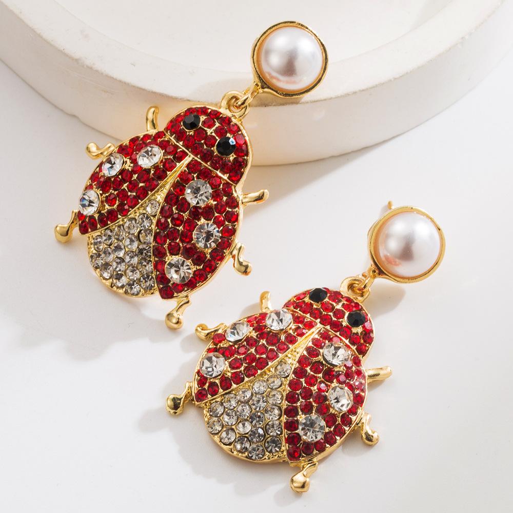 Digadagu Metal Rhinestone Ladybug Dangle Earrings New Women s Exaggerated Elegant Earrings Zircon Accessories красный