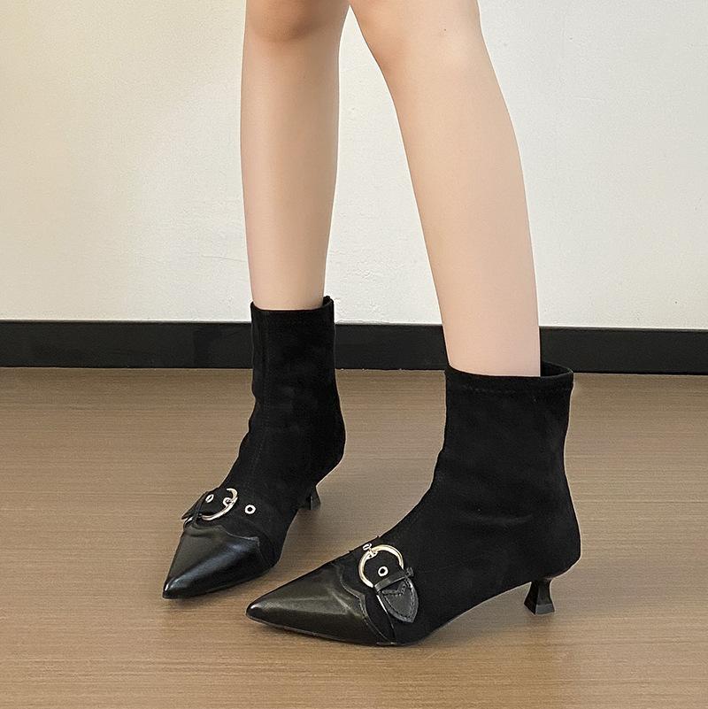 Ghete scurte subțiri cu toc pisoi franțuzesc cu vârf ascuțit, pantofi de damă 2025 toamnă și iarnă, temperament nou, toc înalt, botine până la gleznă