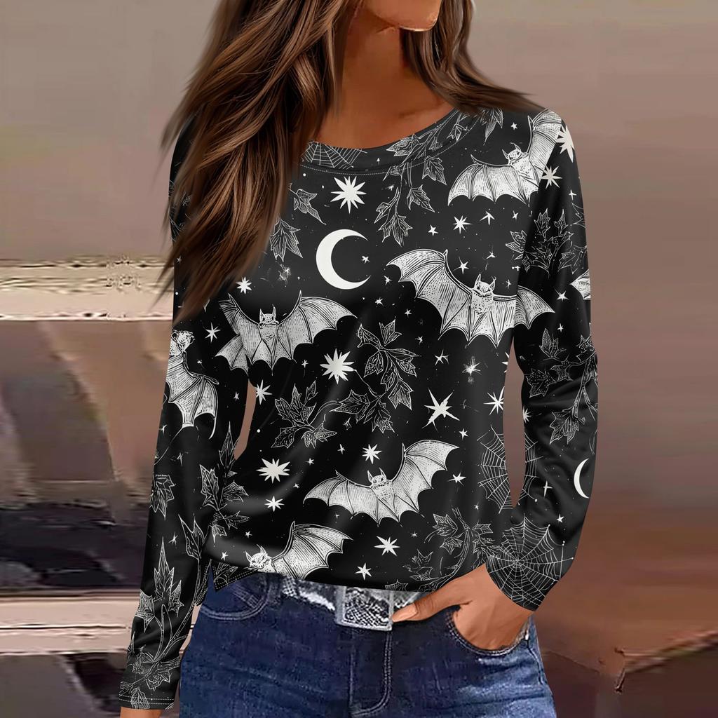 Women's Halloween Print Long Sleeve Top with Round Neck and Hem Slit