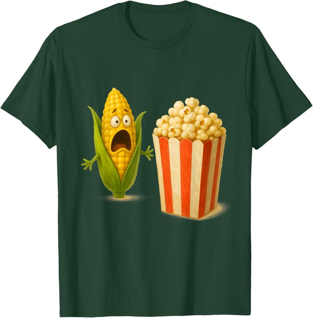 Funny Screaming Corn Popcorn Horror Food Humor Graphic Tee Casual Cotton T-Shirt for Men Women