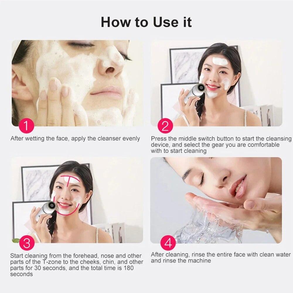 Ultraschall-Gesichtsreinigungsbürsten-Set, elektrisch, zur Hautreinigung und zum Peeling, mit 4 verschiedenen Reinigungs-Mitessern, Gesichtsmassagegerät