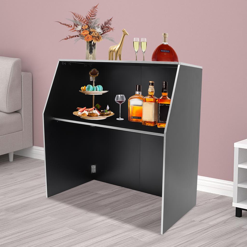 Portable Bar Cabinet, Folding Bar Table for Home Party, Outdoor Event, Wedding, Foldable Mini Bar Cart with Storage Shelf, Black